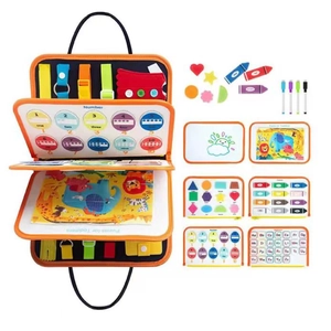 Macro detail of toddler busy board featuring number puzzles and alphabet learning panels