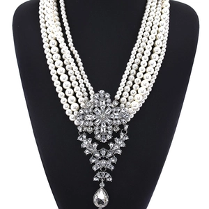 Multi Layer Faux Artificial Pearl Statement Necklace Rhinestone Crystal Water Drop Pendant Vintage Luxury Jewelry For Women