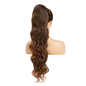 Brown water wave drawstring ponytail hair extension on a mannequin in a studio setting