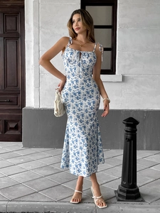 Vestito Midi Floreale Con Spalline Sottili Bodycon Orlo A Sirena Estate Senza Maniche Stile Francese Poliestere Elastan