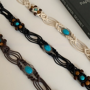 Bohemian wax rope waist chain with wooden beads and turquoise oval pendants set