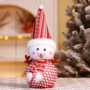 50cm Plush snowman Christmas decoration with reindeer antlers and striped knitted hat
