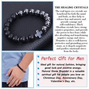 Men's natural stone cross bracelet with matte black onyx and polished hematite beads