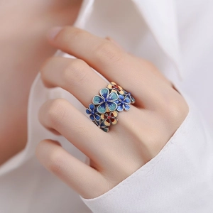 Anillo de flores de esmalte azul para mujer con banda abierta ajustable y estilo étnico retro