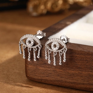 S925 sterling silver devil eye hoop earrings with tassels and micro-inlaid diamonds