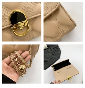 Detailed close-up of beige quilted bag features, golden chain, and internal structure