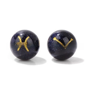 Detail of 10mm blue goldstone beads with gold zodiac signs for DIY jewelry making