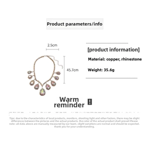 Detail of luxury teardrop crystal necklace with copper base and size specifications