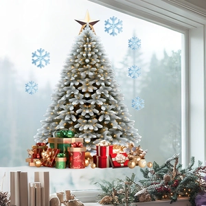 Detail of Christmas tree and blue snowflake window stickers with colorful gift boxes