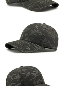 Vistas detalladas de una gorra de béisbol de camuflaje gris oscuro desde varios ángulos