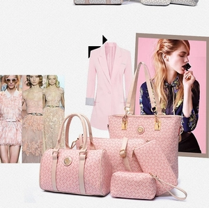 Pink 6-piece handbag set featuring tote, crossbody and pouches with geometric print