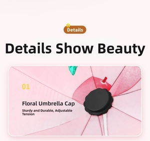 Macro view of pink fruit-themed umbrella with durable flower-shaped cap and thick fabric