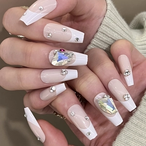 French Tip Press On Nails Long Coffin Shape Elegant Nude Pink Fake Nails With Rhinestones And Crystals For Women
