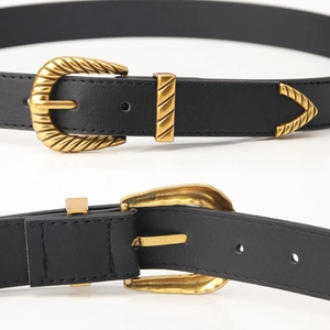 Vintage style black leather belt with textured gold buckle and metal tip for women