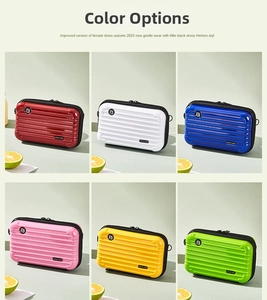 Mini hardshell suitcase makeup bags in six bright glossy colors with FOREVER YOUNG logo