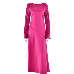 Elegant long sleeve satin maxi dress in magenta with sexy backless slit design