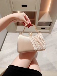 Elegant champagne silk pleated evening clutch bag with pearl rhinestone clasp and handle