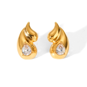 Elegant gold double teardrop stainless steel earrings with sparkling cubic zirconia