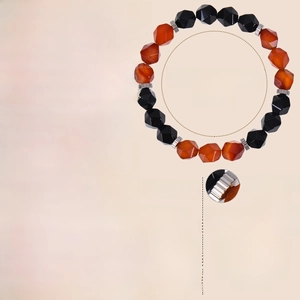 Detail of 10mm agate and obsidian stretch bracelet with size guide and stainless beads