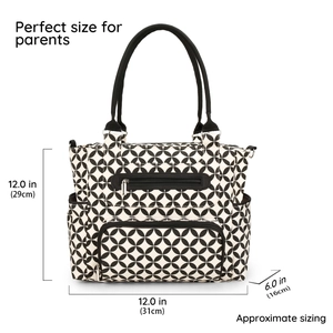 Detailed dimension chart for 7-piece diaper bag with black and white geometric pattern