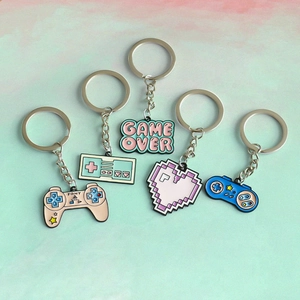5-piece set of cute pixel heart and game controller enamel metal keychains for gamers