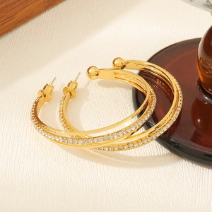 18K gold-plated C-shaped hoop earrings featuring shimmering white zircon micro-pave