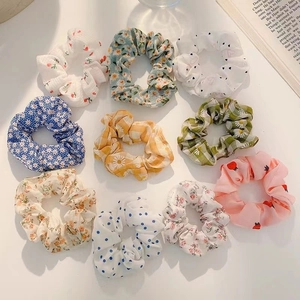 10-piece set of floral and checkered chiffon scrunchies for elegant high ponytail hairstyles