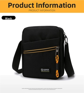Detailed view of black canvas crossbody bag featuring yellow zipper and fashion sport label