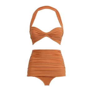 Maillot de bain deux pièces rétro terre cuite avec haut licou et culotte plissée
