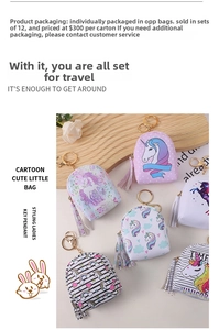 Detail of mini unicorn coin purse featuring tassel decor and golden keychain hook