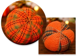 Detailed view of autumn fabric pumpkins with orange and green plaid patterns and jute ropes