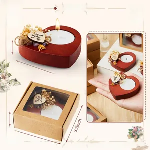 50-piece set heart-shaped wooden tea light candle holders with 'Thank You' tags and boxes