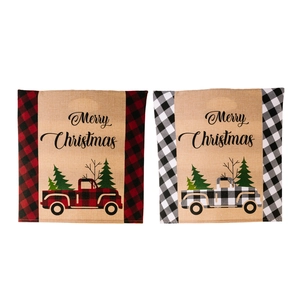 Christmas buffalo plaid chair covers featuring vintage truck and merry christmas text