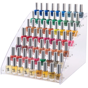Clear acrylic tiered organizer stand displaying various colorful nail polish bottles