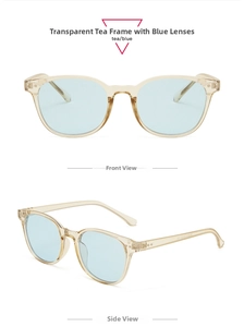 Detailansicht der teefarbenen Rahmen und hellblauen Gläser der Wellington-Sonnenbrille