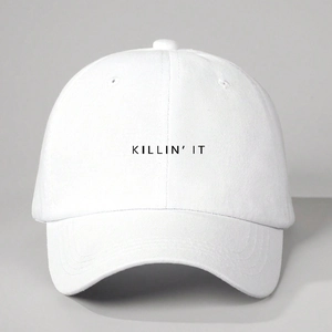White adjustable baseball cap with KILLIN' IT print and a curved brim for women