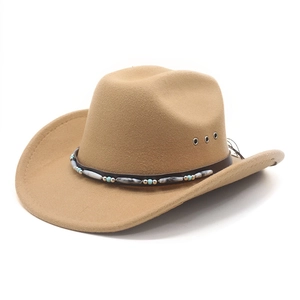 Khaki Western cowboy hat with wide brim, leather ethnic beaded band, and ventilation eyelets