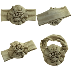 Golden 3D flower baby headband in soft elastic fabric shown from multiple angles