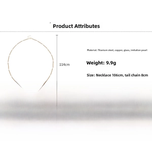 Detailed spec view of a 114cm gold beaded chain made of titanium steel and imitation pearls