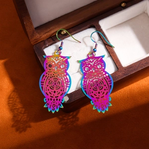 Rainbow stainless steel owl earrings with colorful hollow design and creative style