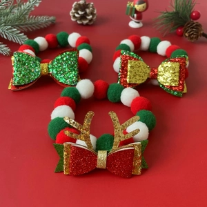 Christmas Pet Collar Pom Pom Neckband With Glitter Bow Antlers For Cats And Dogs Holiday Party Decor Adjustable