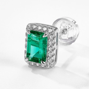 S925 sterling silver emerald cut stud earrings with halo cubic zirconia setting