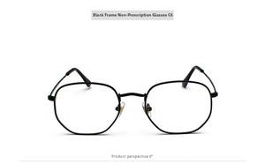 Vista frontal de gafas Harajuku con montura metálica negra y lentes transparentes