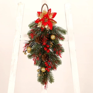 Christmas Teardrop Swag With Red Poinsettia Pine Cones Berries Decorative Wall Door Hanging Ornament Holiday Home Decor