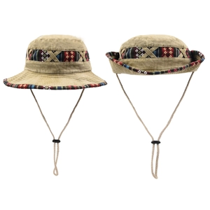 Detailed views of khaki outdoor bucket hat with ethnic pattern band and chin strap