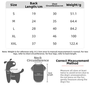 Detailed size chart for pet hoodie showing back length and chest width from S to XXL