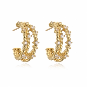 Vintage golden double twisted hoop earrings with white zircon stones for women