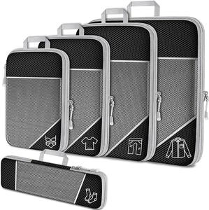 5-piece grey and black compression travel organizers set with breathable mesh and icons