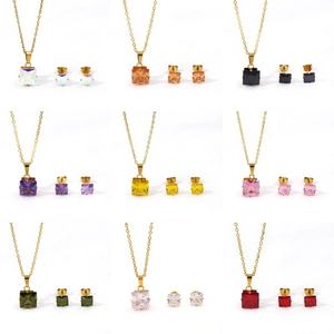 Square zircon pendant necklace and stud earring set in 9 colors with gold-plated finish