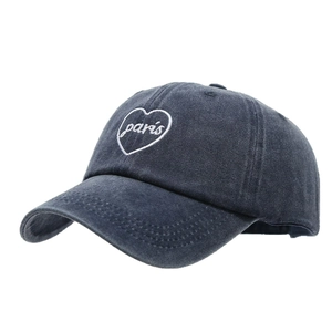 Vintage washed charcoal cotton baseball cap with heart and Paris embroidery detail
